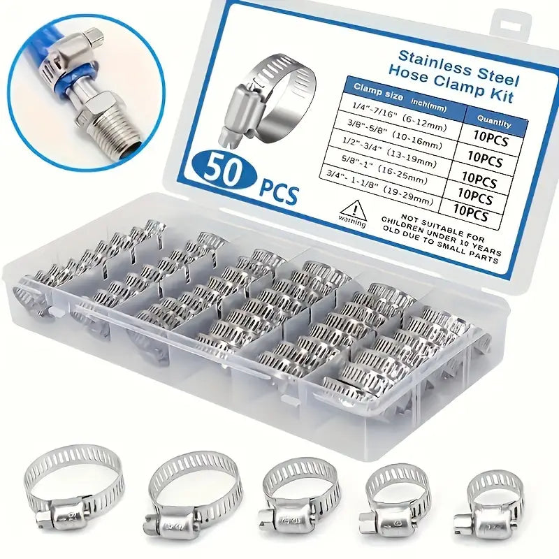 Set od 50 nehrđajućih obujmica za crijeva (6–29 mm) - kutija s pretincima