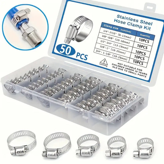 Set od 50 nehrđajućih obujmica za crijeva (6–29 mm) - kutija s pretincima