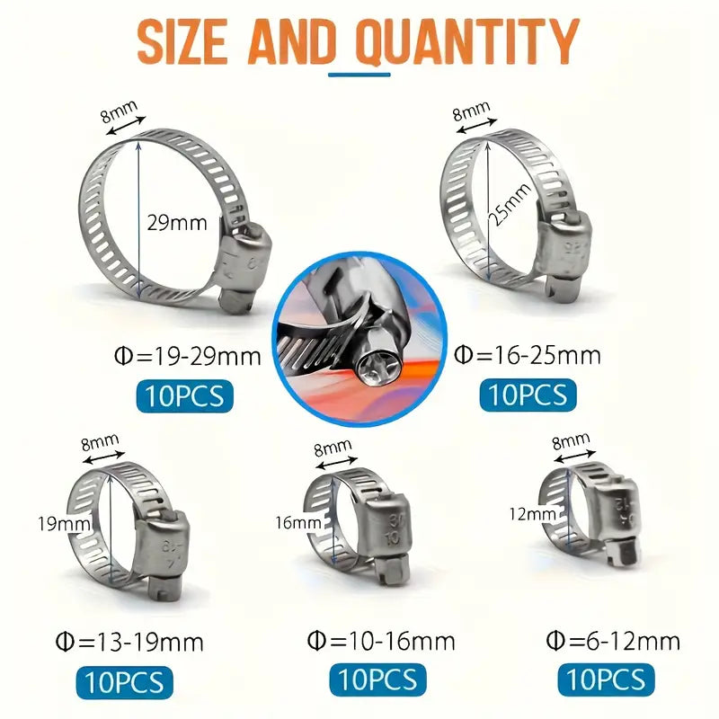 Set od 50 nehrđajućih obujmica za crijeva (6–29 mm) - kutija s pretincima