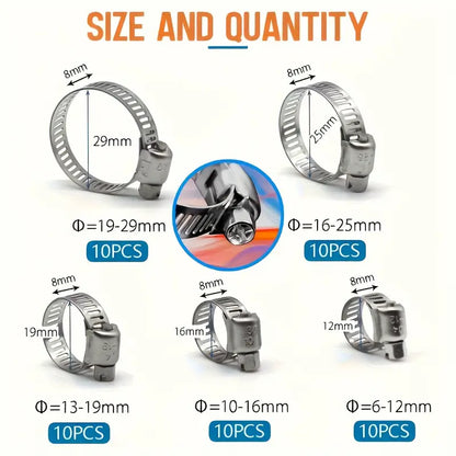 Set od 50 nehrđajućih obujmica za crijeva (6–29 mm) - kutija s pretincima